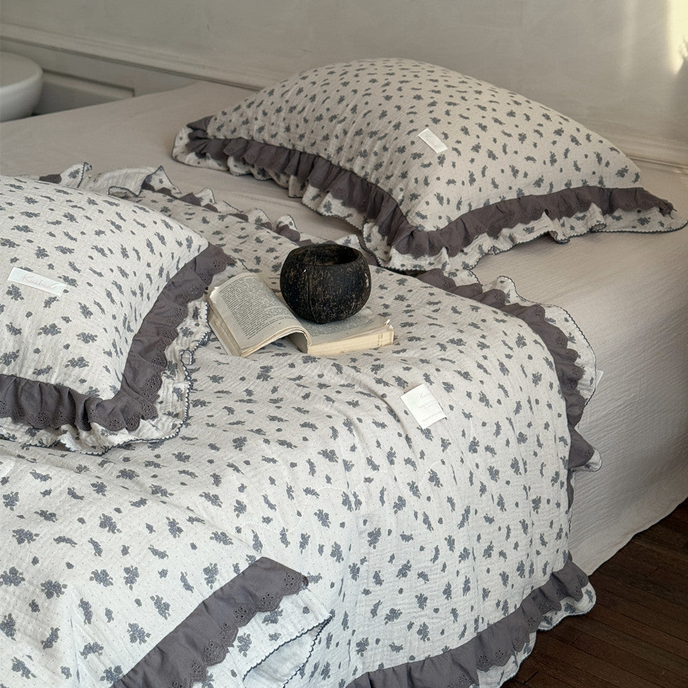 Lavender Blue Floral Comforter – Ruffled Cotton Gauze