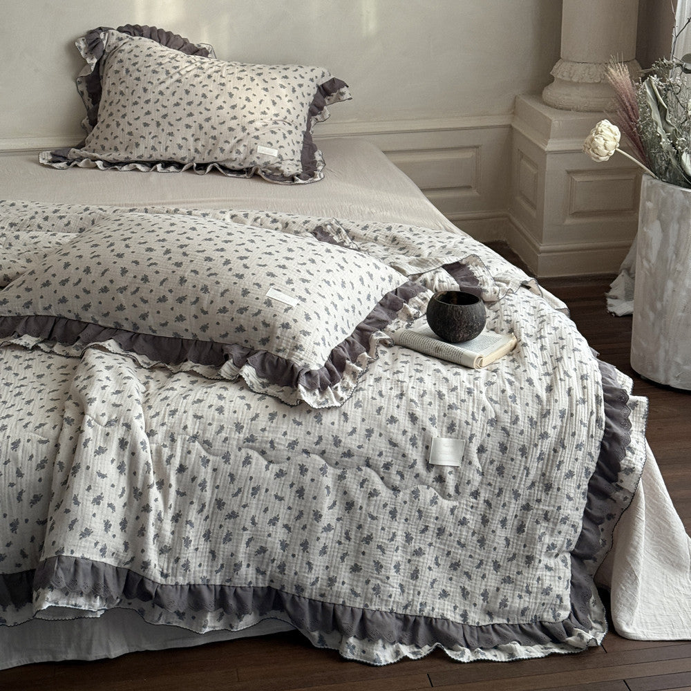 Lavender Blue Floral Comforter – Ruffled Cotton Gauze
