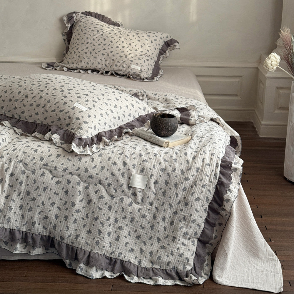 Lavender Blue Floral Comforter – Ruffled Cotton Gauze