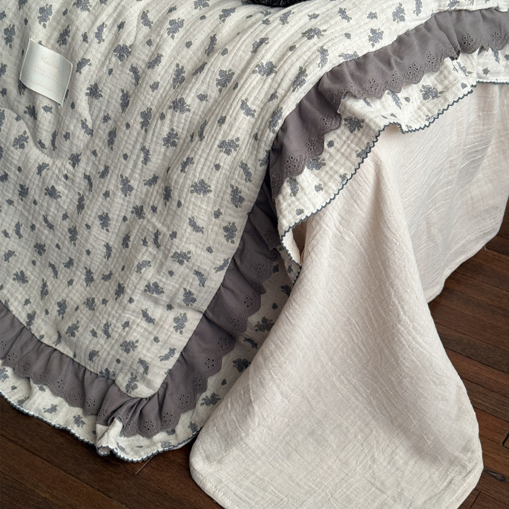 Lavender Blue Floral Comforter – Ruffled Cotton Gauze
