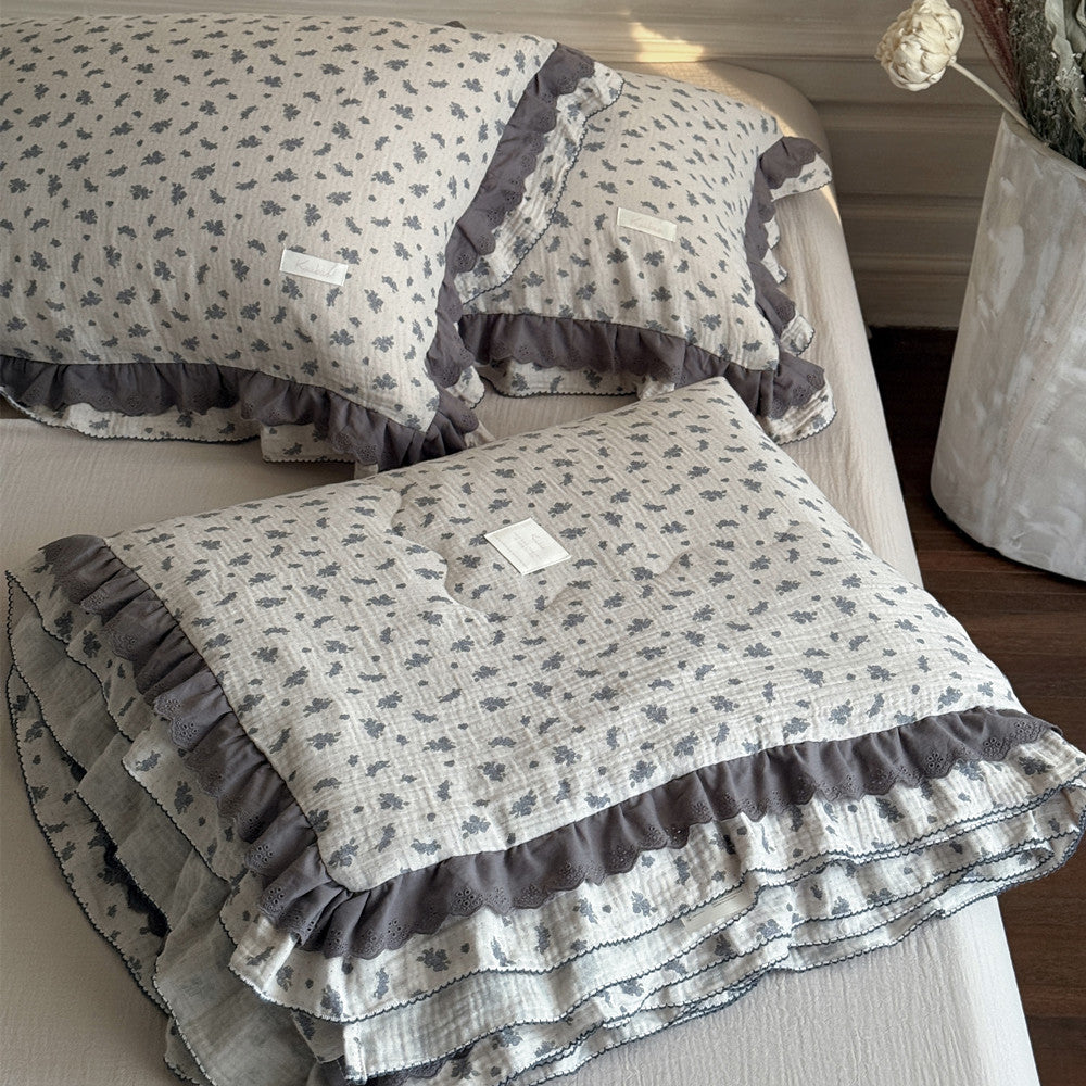 Lavender Blue Floral Comforter – Ruffled Cotton Gauze