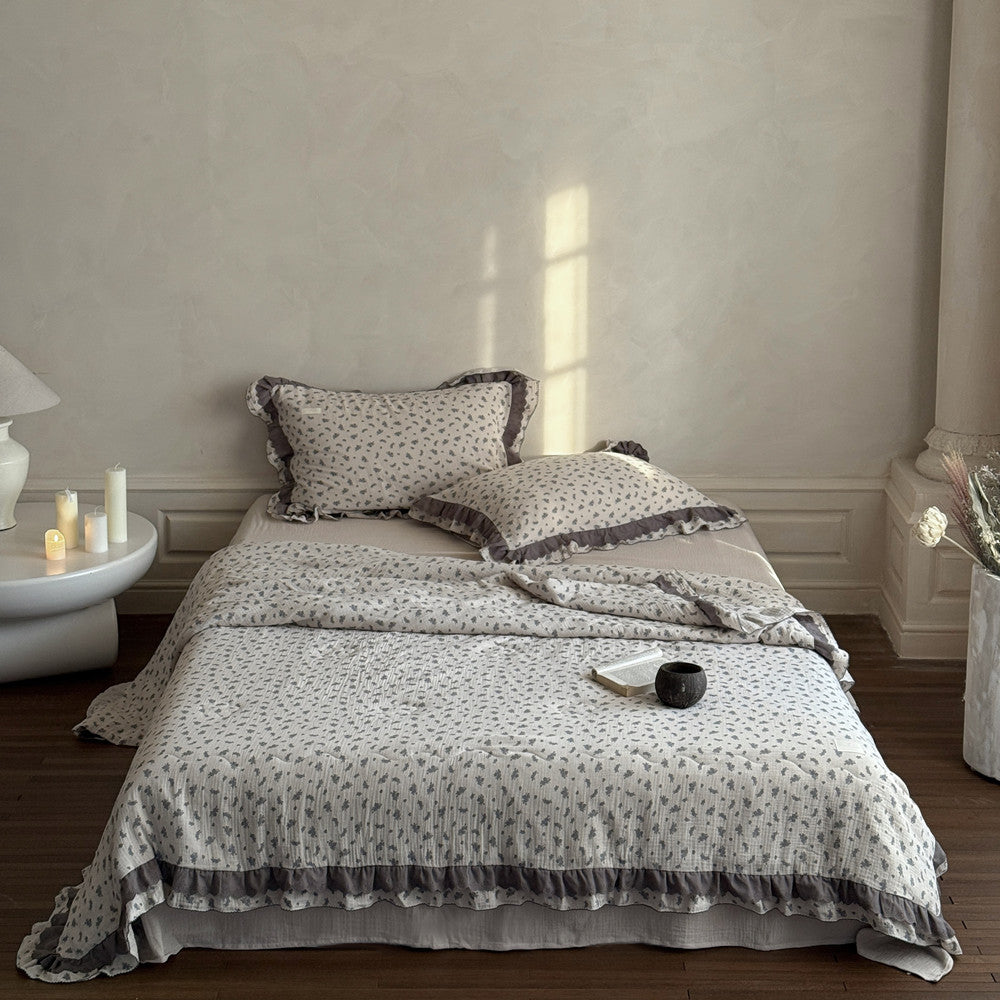 Lavender Blue Floral Comforter – Ruffled Cotton Gauze