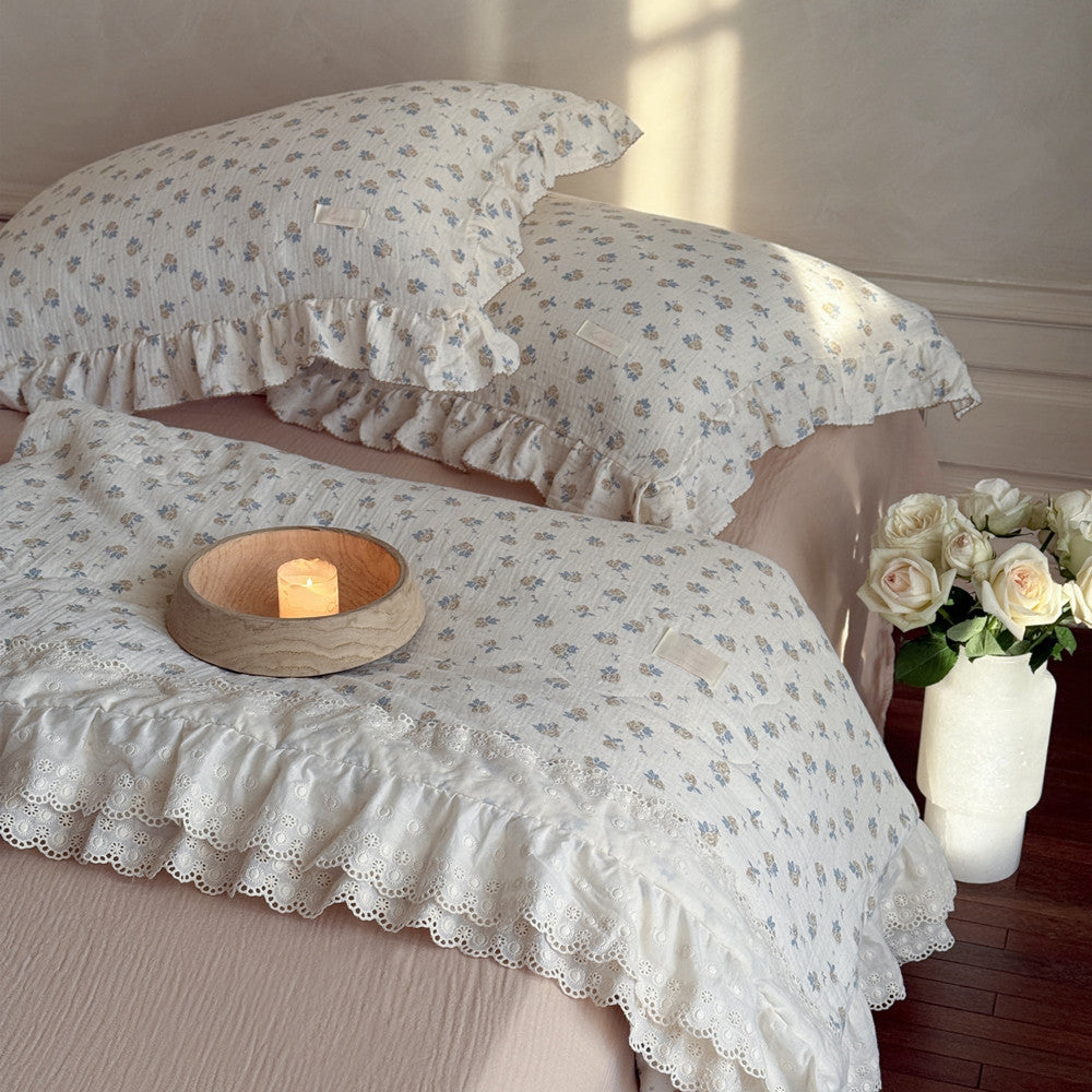 Ruffled Cotton Gauze Comforter – Rose Floral Lightweight Quilt