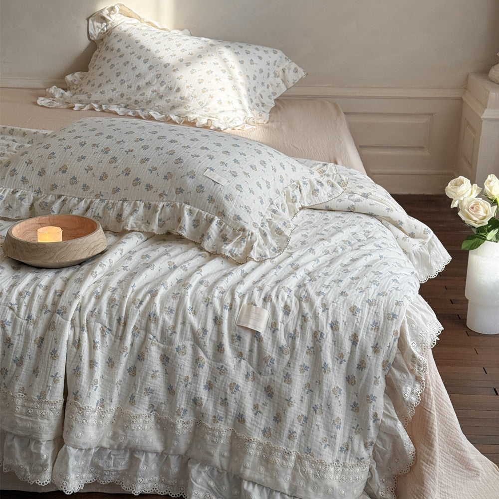 Ruffled Cotton Gauze Comforter – Rose Floral Lightweight Quilt