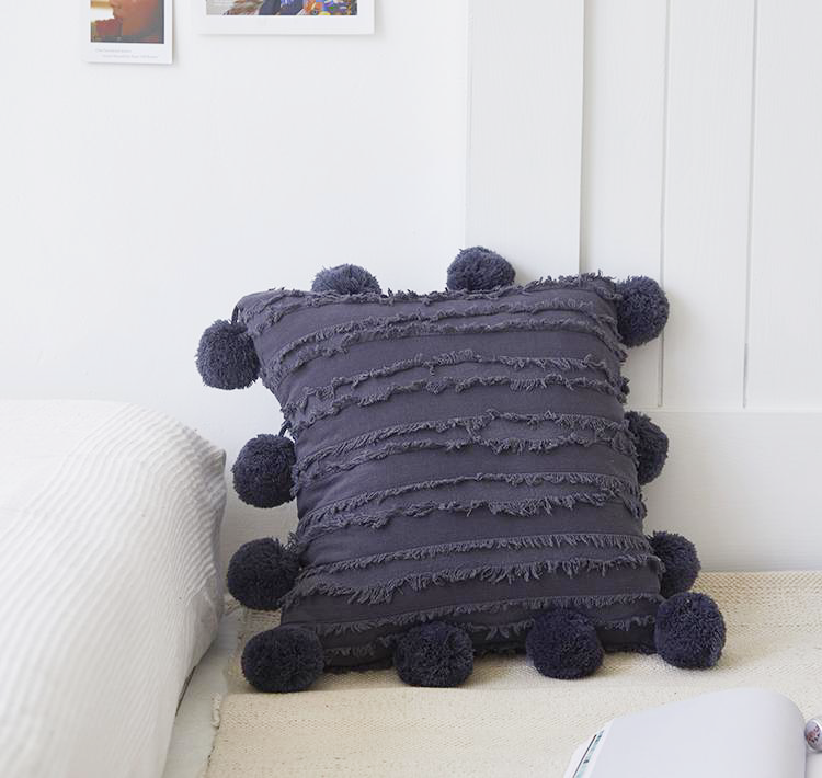Ruffles and Poms Cushion Cover Carbon Grey