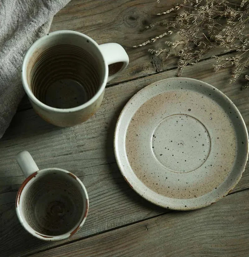 Rustic Ceramic Coffee Mug & Saucer Set