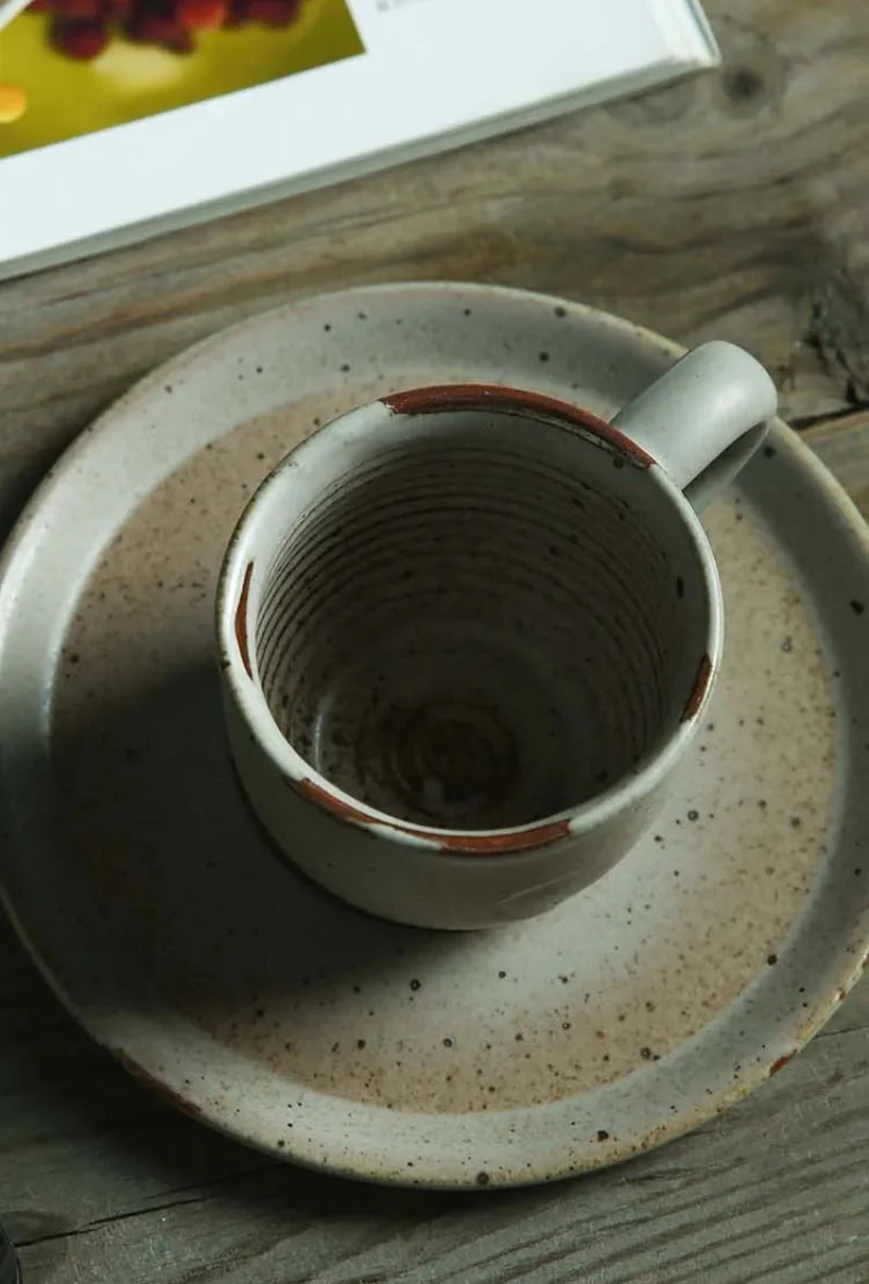 Rustic Ceramic Coffee Mug & Saucer Set