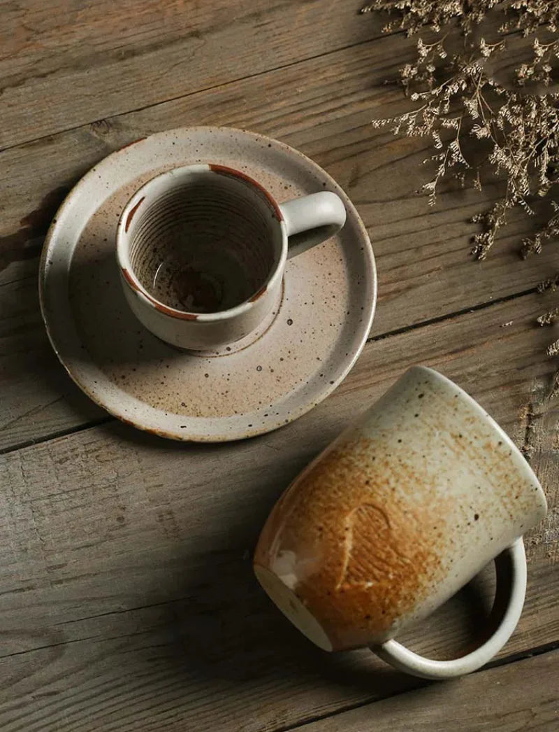 Rustic Ceramic Coffee Mug & Saucer Set