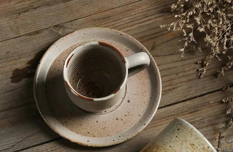 Rustic Ceramic Coffee Mug & Saucer Set