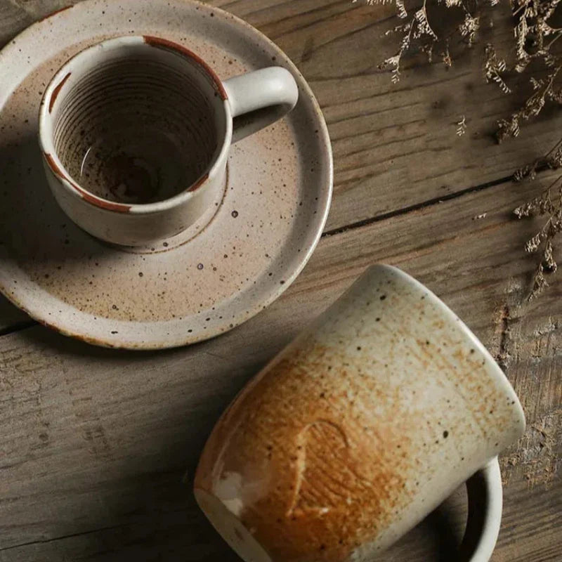Rustic Ceramic Coffee Mug & Saucer Set