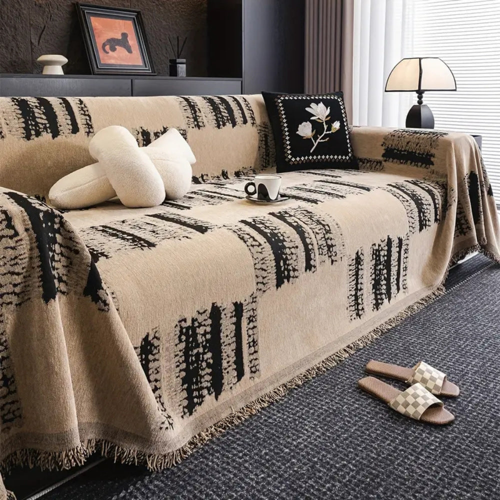 Rustic Abstract Chenille Sofa Cover Beige Black
