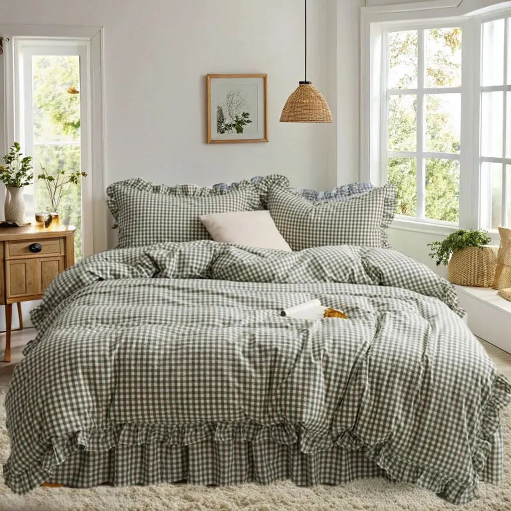 Rustic Gingham Duvet Cover with Ruffle Green