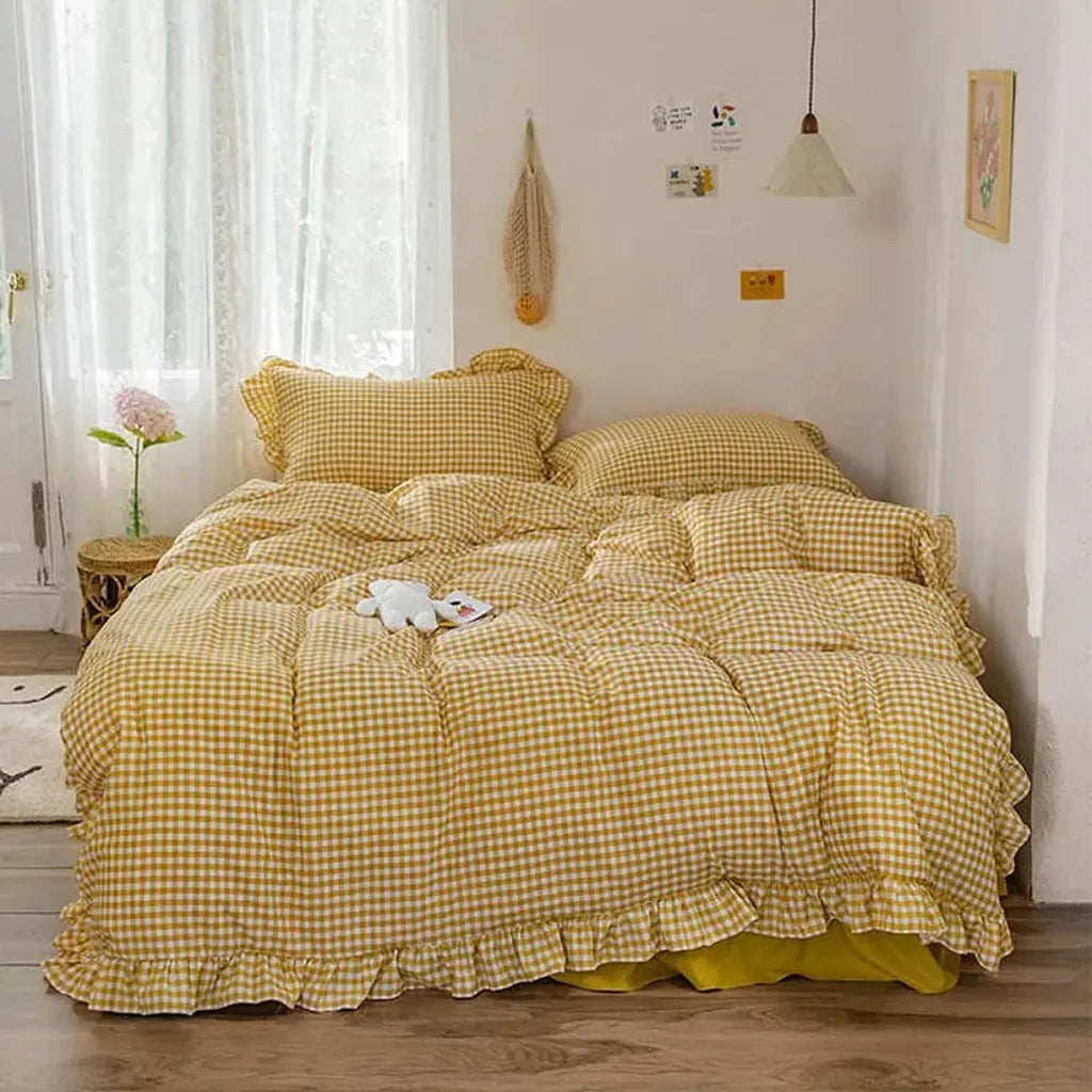 Rustic Gingham Duvet Cover with Ruffle Yellow