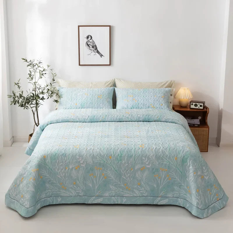 Floral Quilted Bedspread Blue