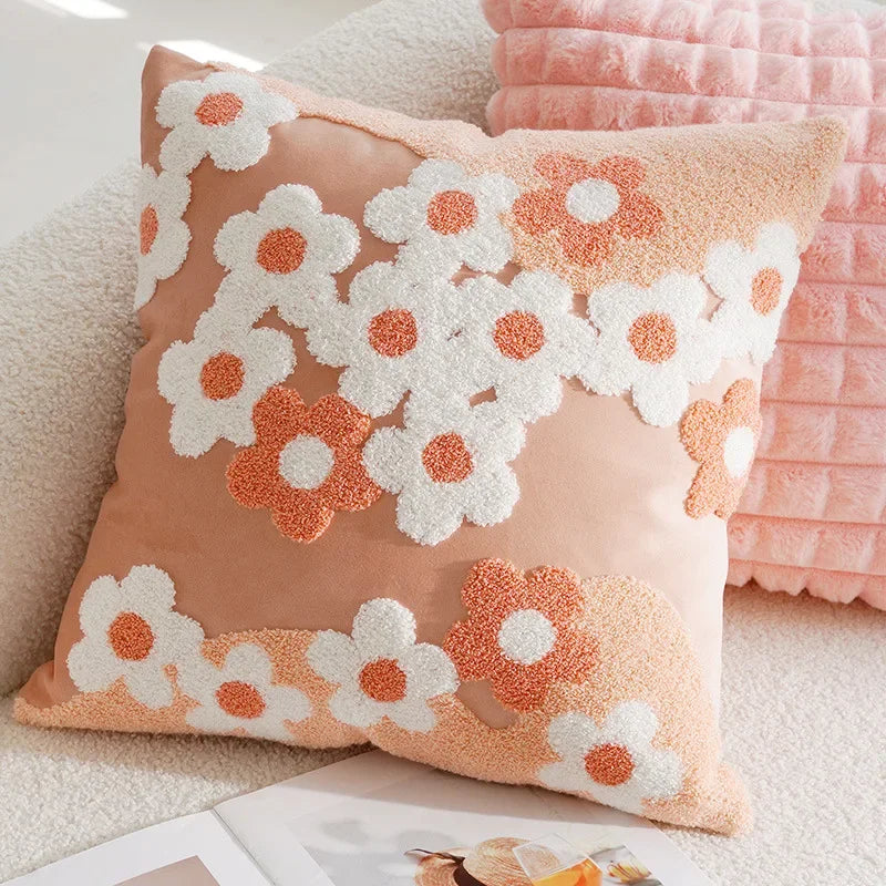 Sweet Daisy Embroidered Pillow Peach Square