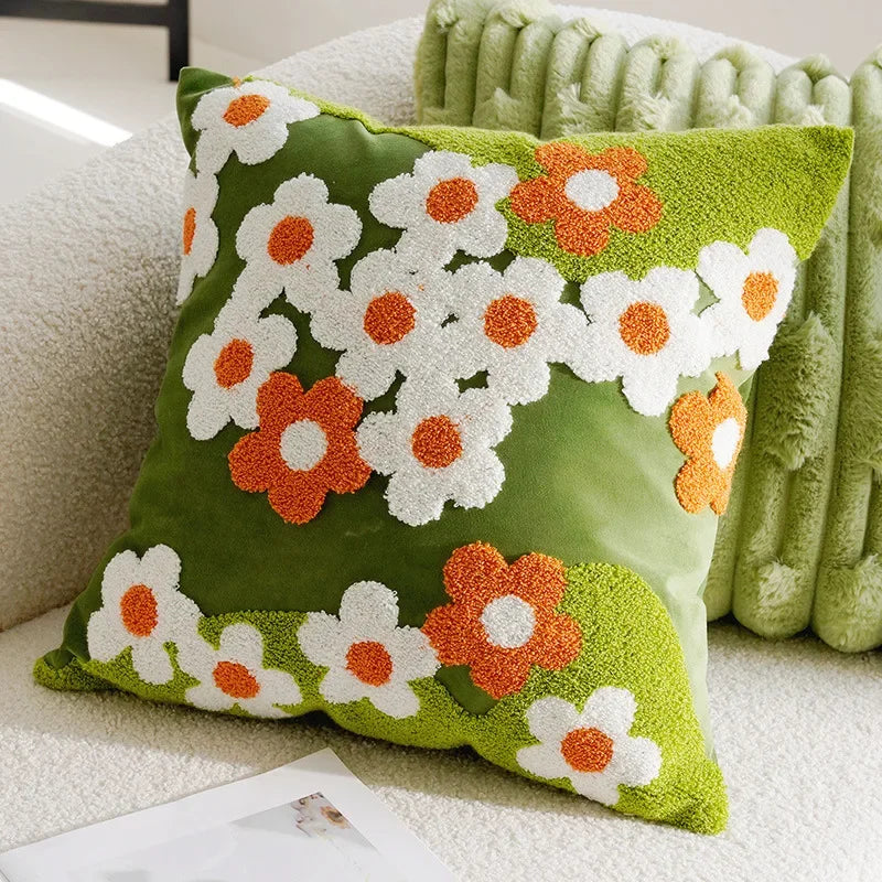 Sweet Daisy Embroidered Pillow Green Square