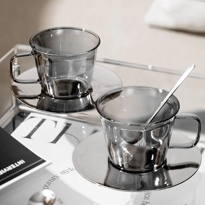 Glimmer Grey Luxury Glass Cup and Saucer Set