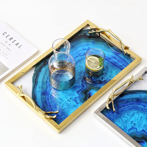 Blue Agate Tray Gold Rectangle
