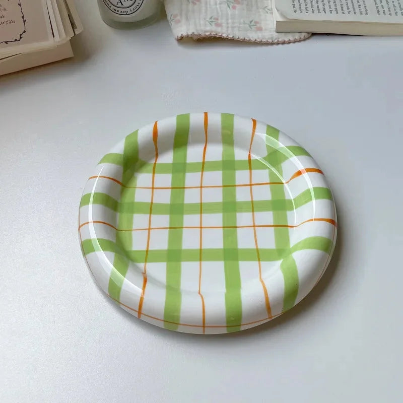 Gridline Ceramic Plates Large Green