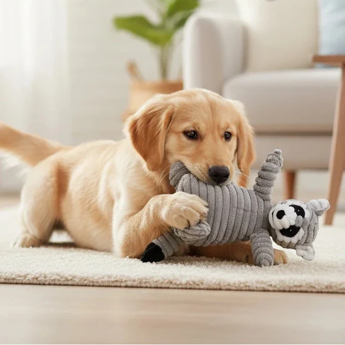 Plush Raccoon Squeaky Dog Toy – Soft Chew Toy for Small & Medium Dogs