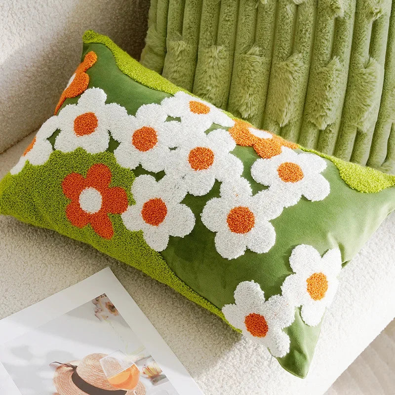 Sweet Daisy Embroidered Pillow Green Rectangle