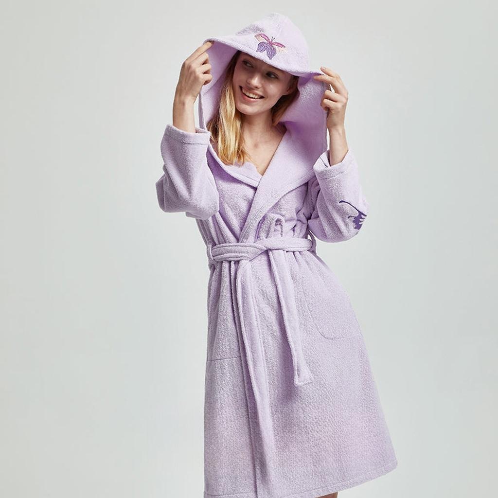 Cotton Hooded Bathrobe With Batterfly Embroidery - 3 Colors Lavender