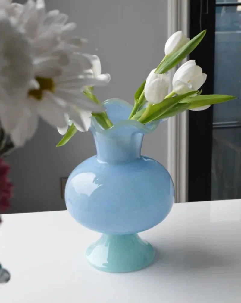 Lily Bloom Pedestal Glass Vase Blue
