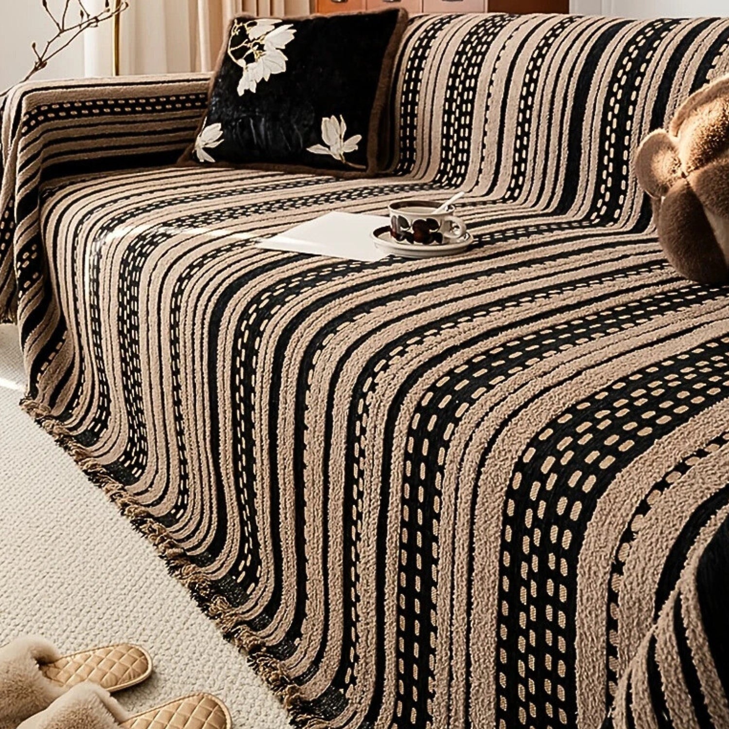 Sahara Style Plush Boho Sofa Cover Blanket Midnight Sand