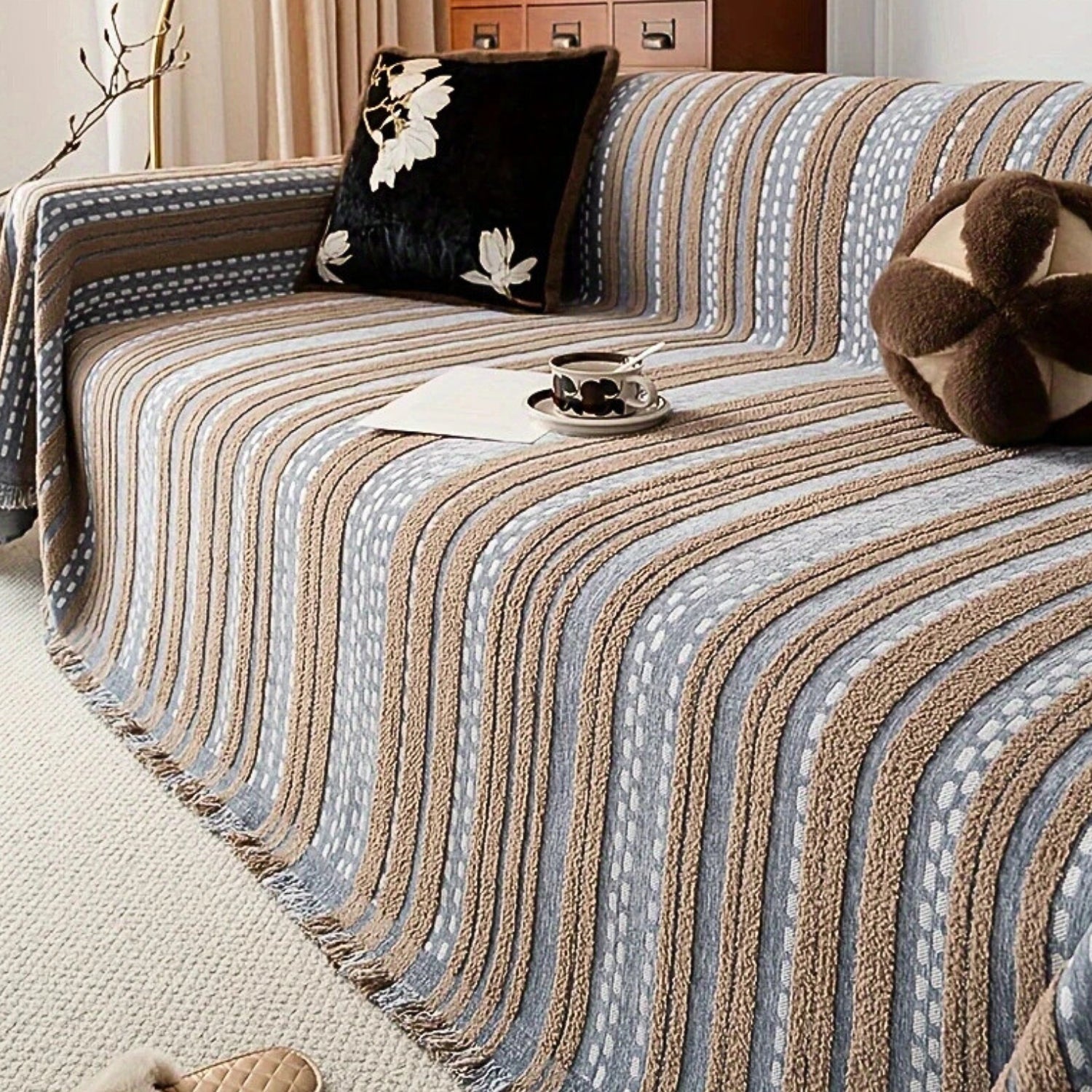 Sahara Style Plush Boho Sofa Cover Blanket Dune Blue