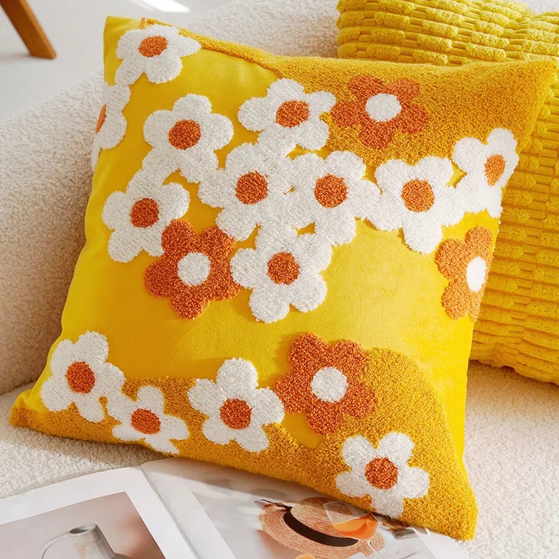 Sweet Daisy Embroidered Pillow Yellow Square