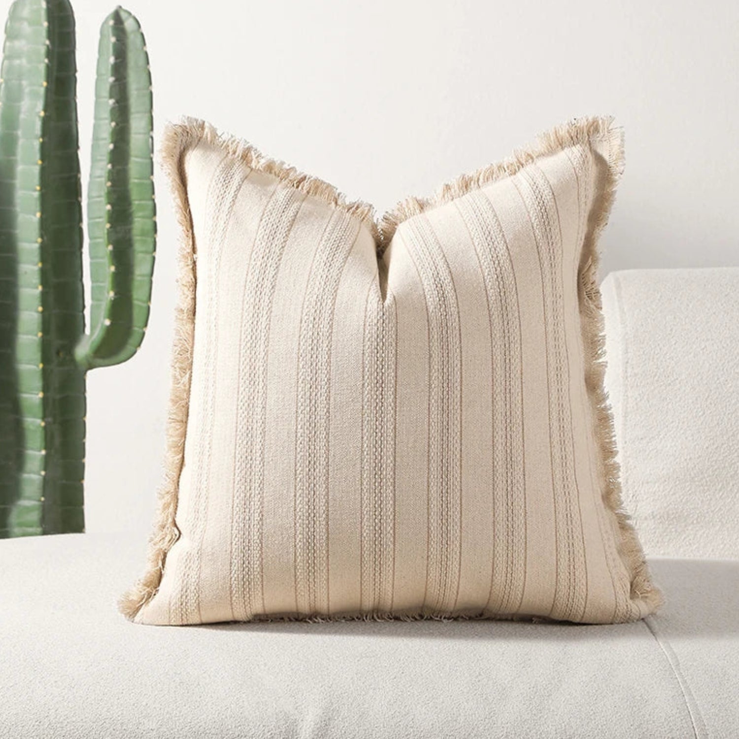 Scandi Stripe Textured Fringe Cushion Cover Oatmilk Cream