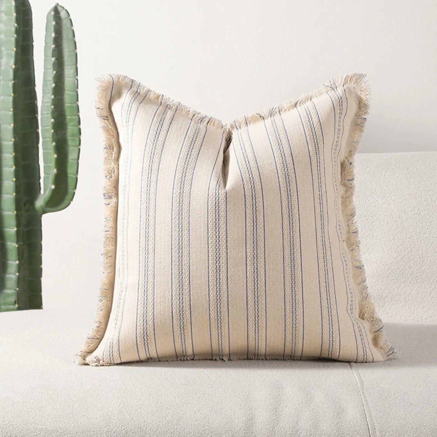 Scandi Stripe Textured Fringe Cushion Cover Denim Drift