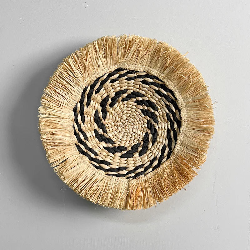 Scandinavian Raffia Straw Woven Wall Round Black