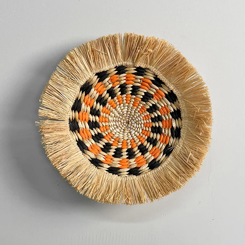 Scandinavian Raffia Straw Woven Wall Orange Black