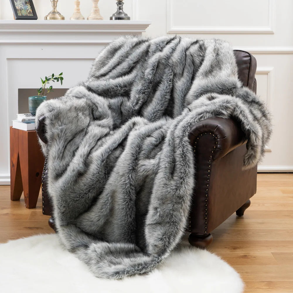 Fox Faux Fur Throw Blanket Silver