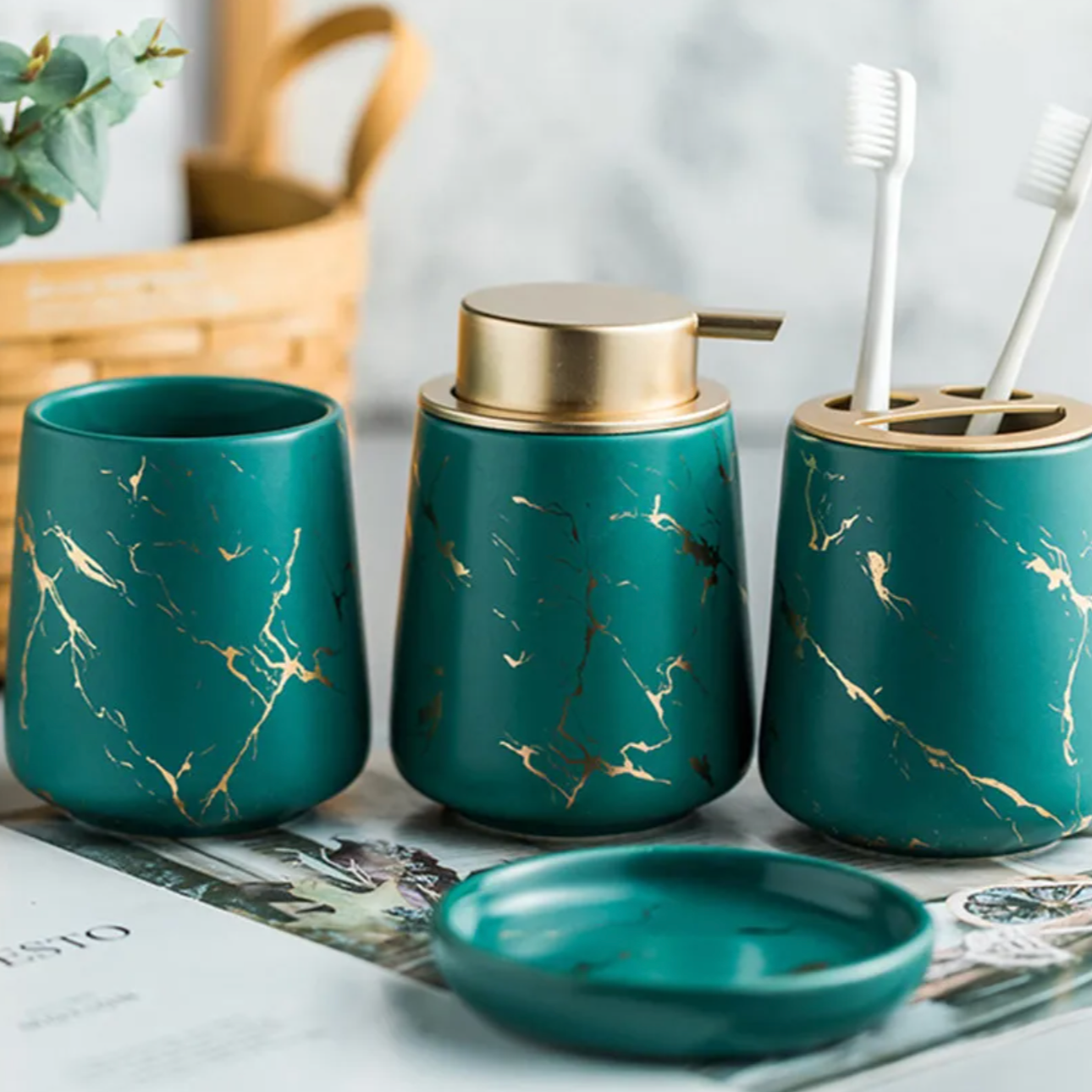 Nordic Marble 4-Piece Bathroom Set Dark Green