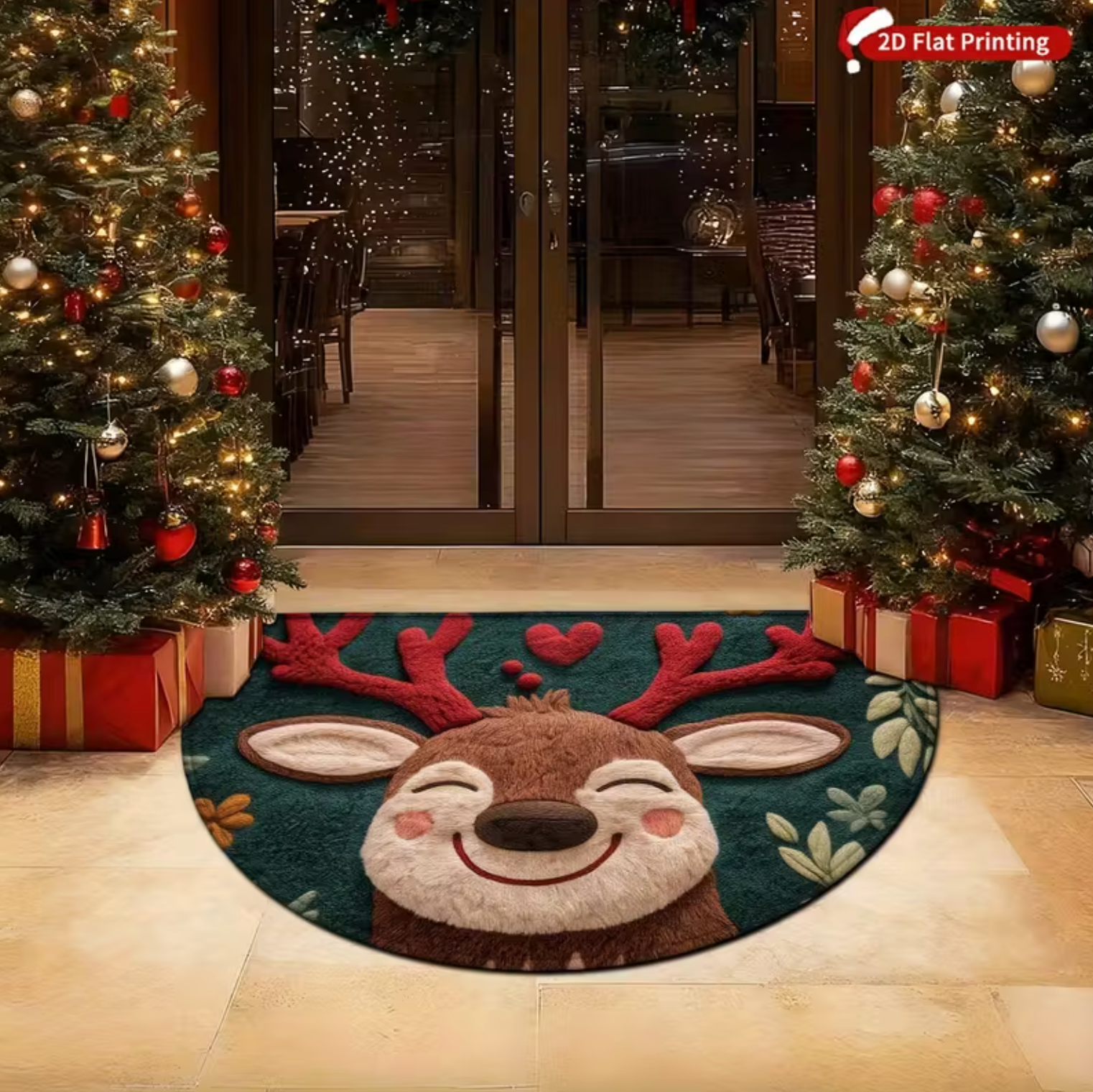ReindeerSnug™ – Holiday Fluffy Mat Semi Circle (31.5 in x 19.7 in)