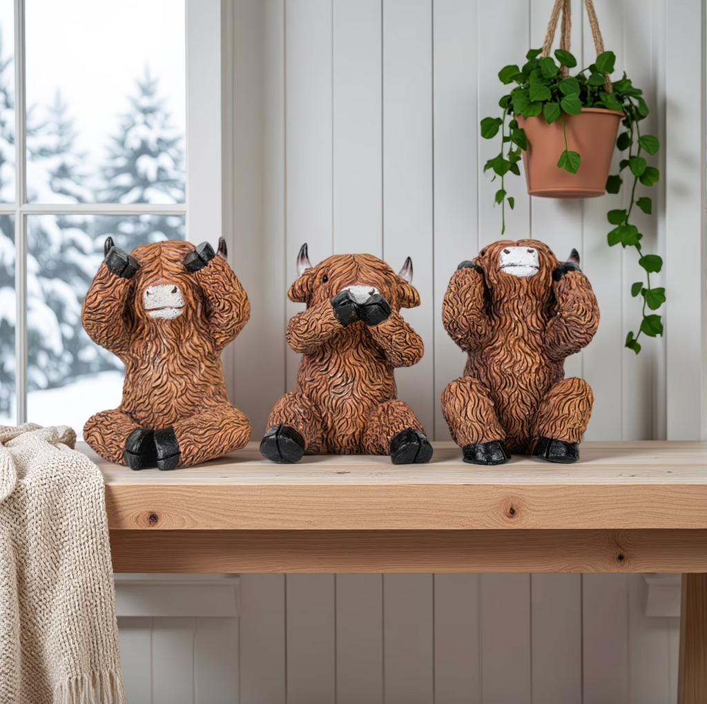Moo No Evil™ – Adorable Highland Cow Figurine Set