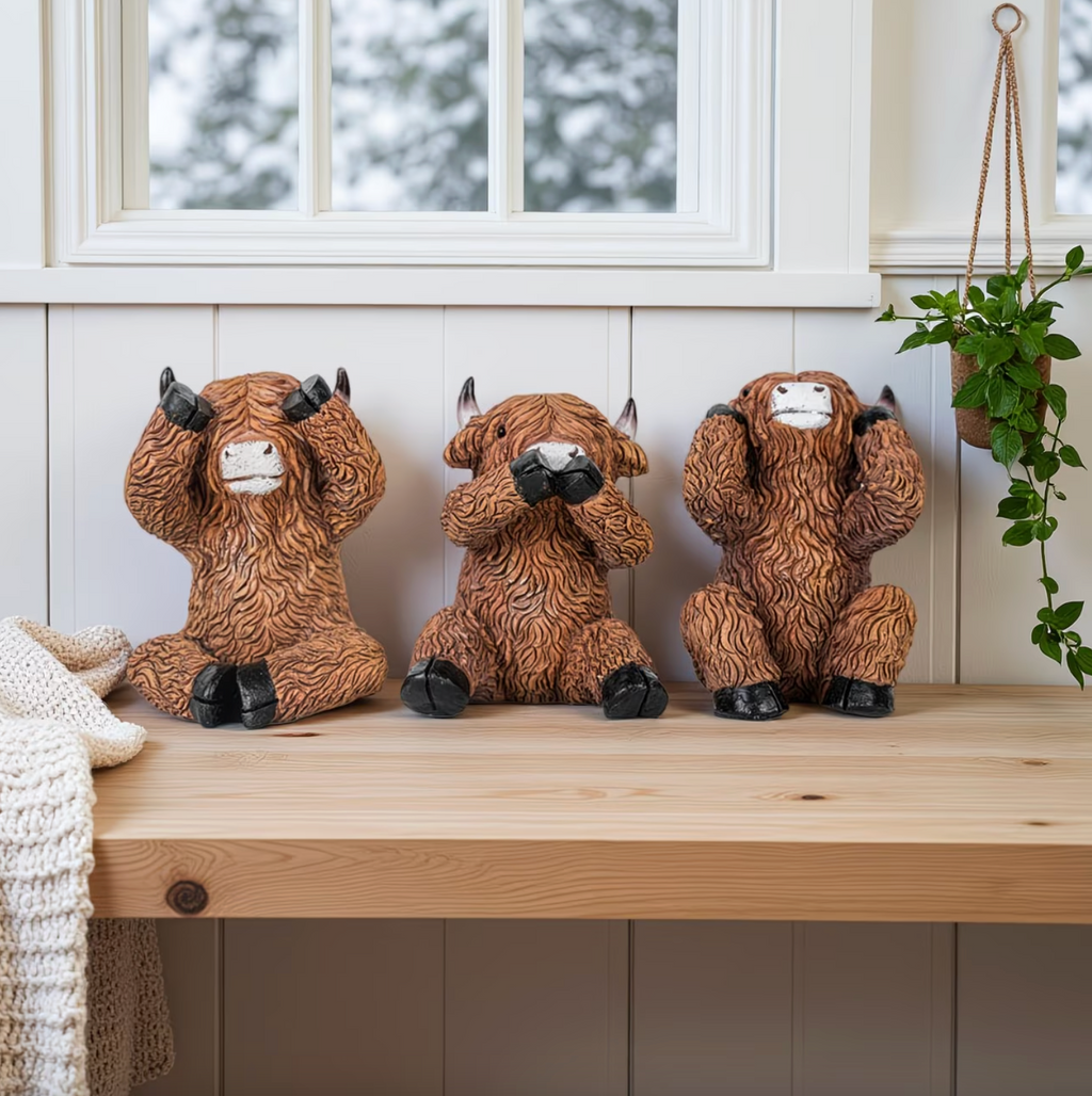 Moo No Evil™ – Adorable Highland Cow Figurine Set