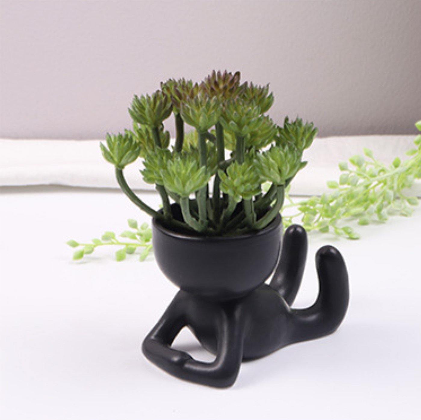 Petite Person Clay Succulent Planter Laying on Tummy Black
