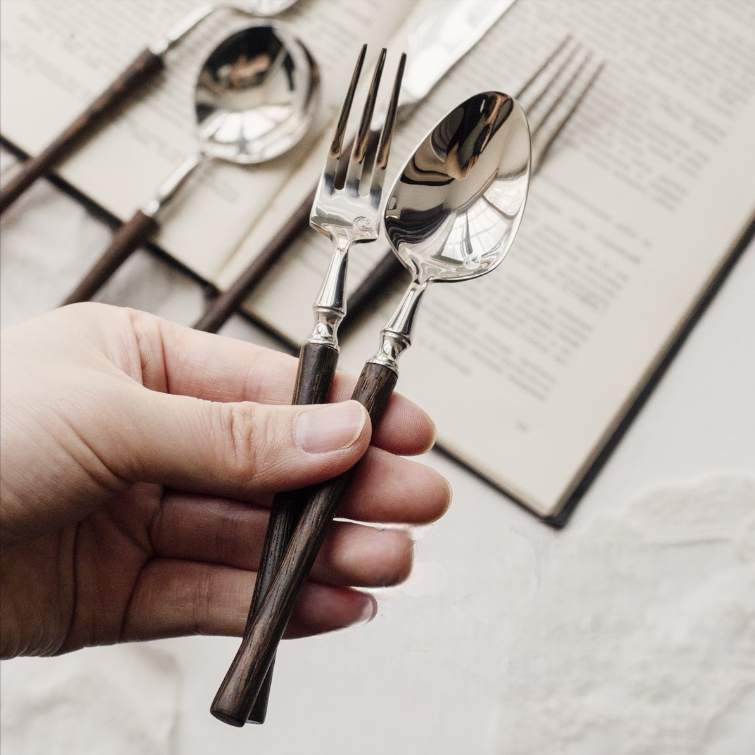 Vintage Walnut Wood Handle Flatware Set