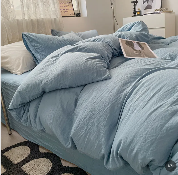 Washed Cotton Bedding Set (4PCS) Light Blue