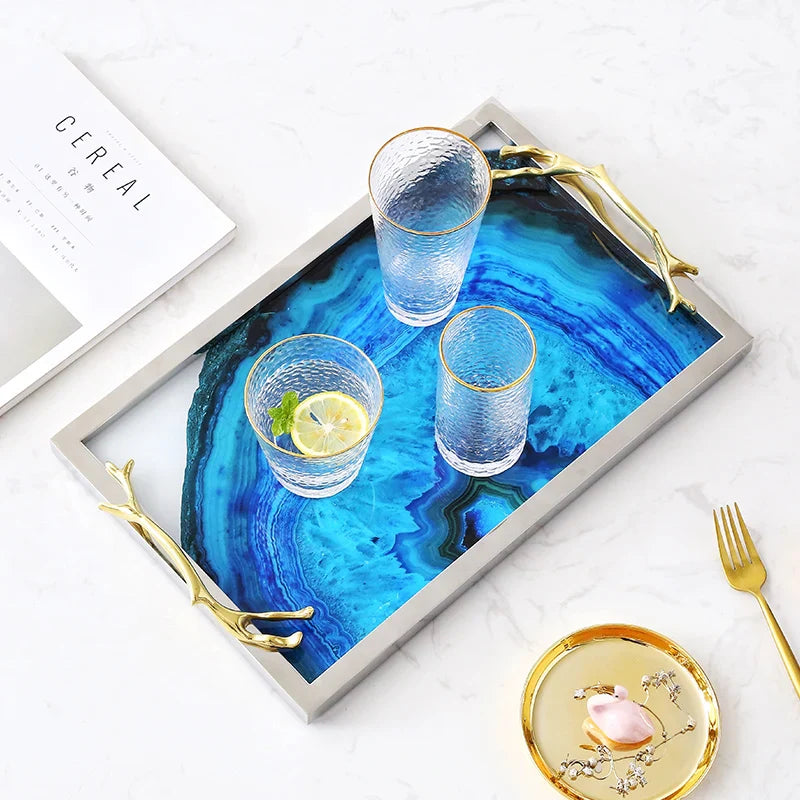 Blue Agate Tray Silver Rectangle