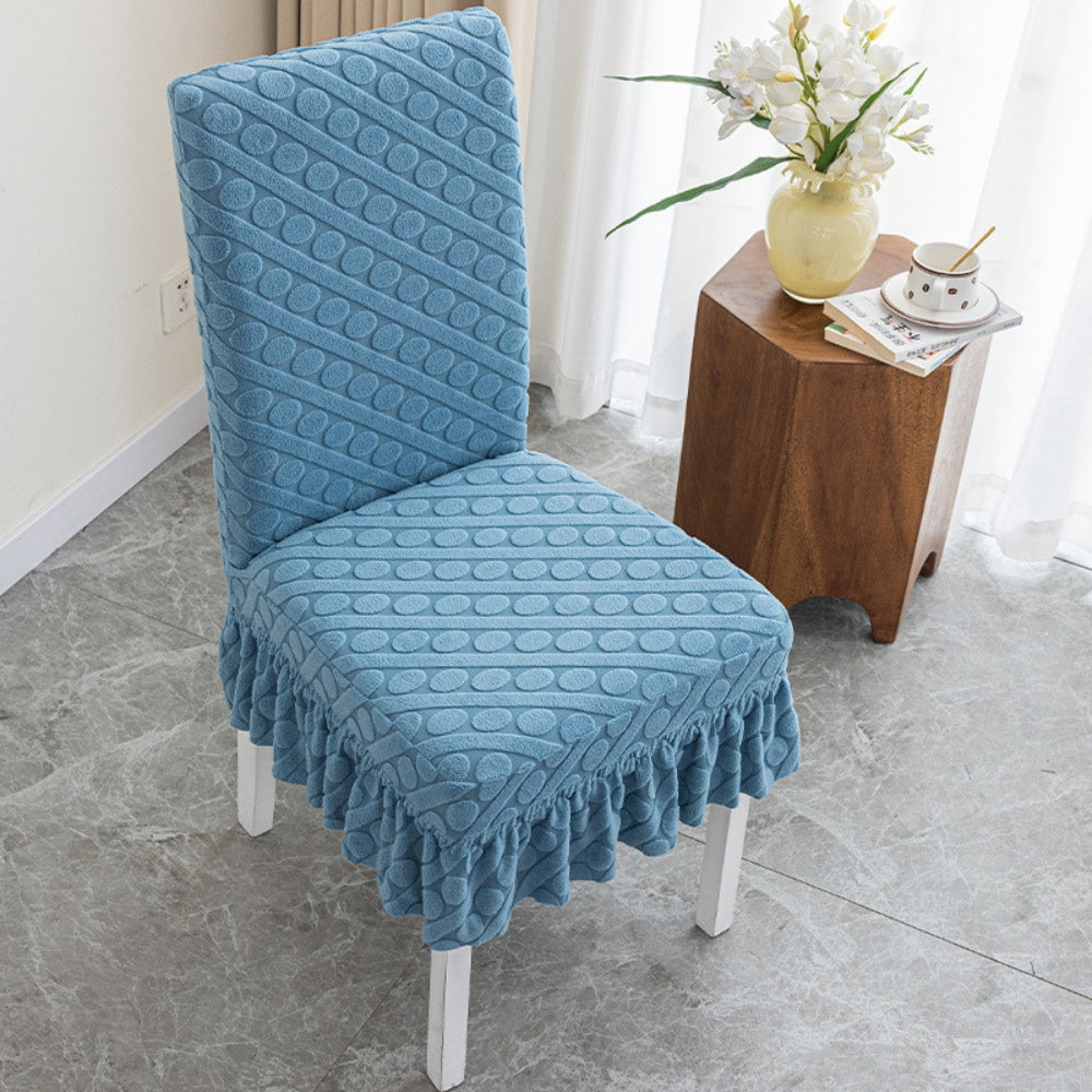 Seraphine Embossed Oval Knitting Dining Chair Cover With Ruffles Sky Blue