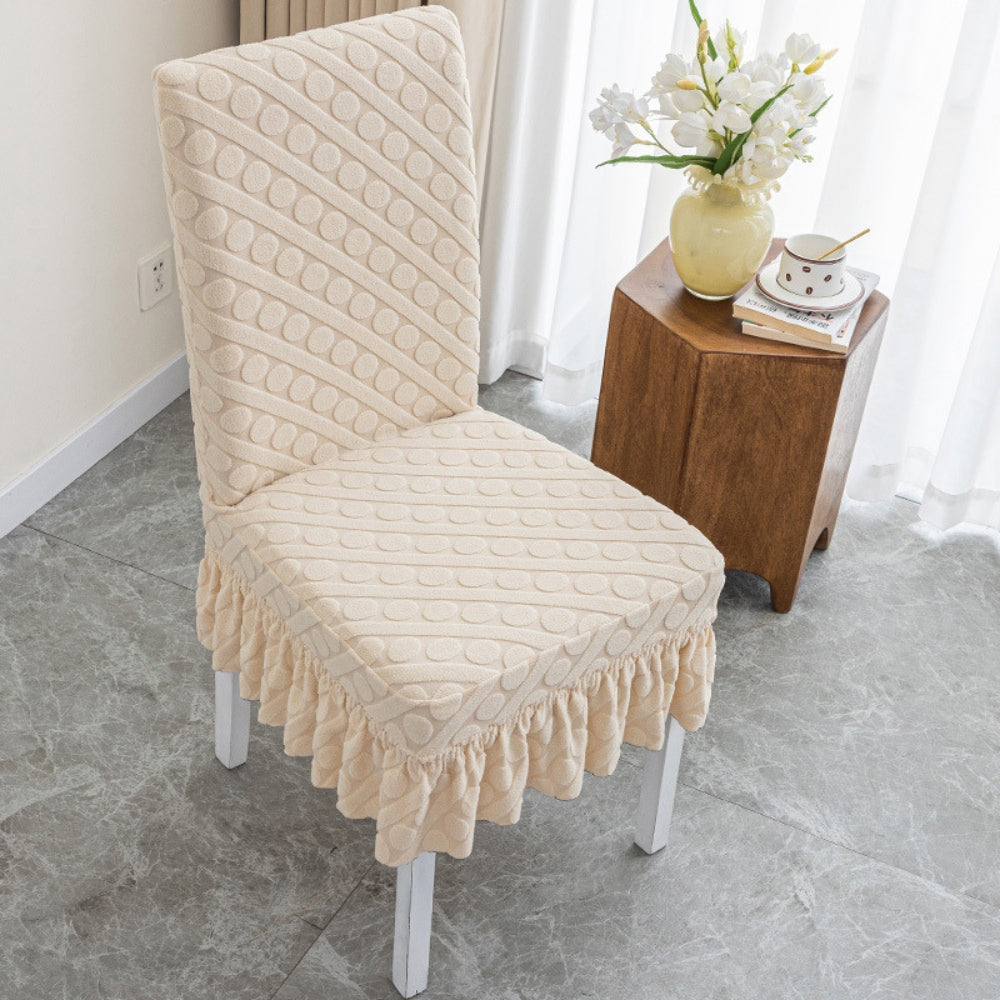 Seraphine Embossed Oval Knitting Dining Chair Cover With Ruffles Cream Beige