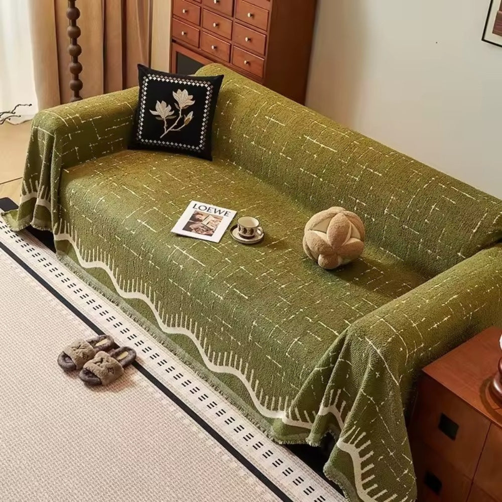 Serene Horizon Lines Sofa Cover Olive Glow