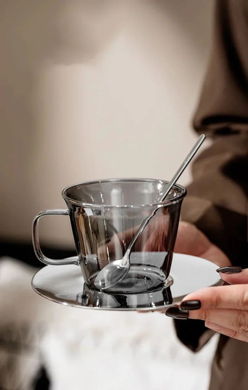 Glimmer Grey Luxury Glass Cup and Saucer Set