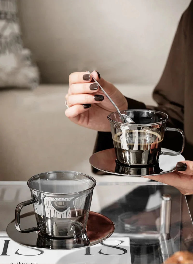 Glimmer Grey Luxury Glass Cup and Saucer Set