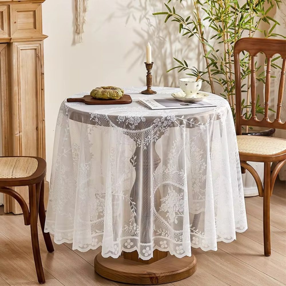 Sheer Lace Round Floral Tablecloth Pure White