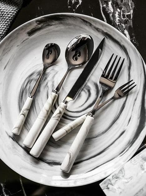Silver & Marble Stainless Steel Luxury Flatware 5Pc Set - Final Sale